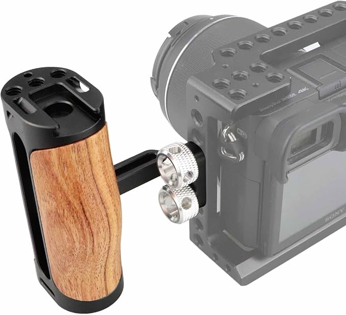 Side Handle Wooden Handgrip with Two 1/4"-20 Screws for DSLR Camera Vlog Camera Cage, Portable Mini Handle for Left/Right Hand with Cold Shoe 1/4" 3/8" ARRI Thread, Up and Down Adjustable