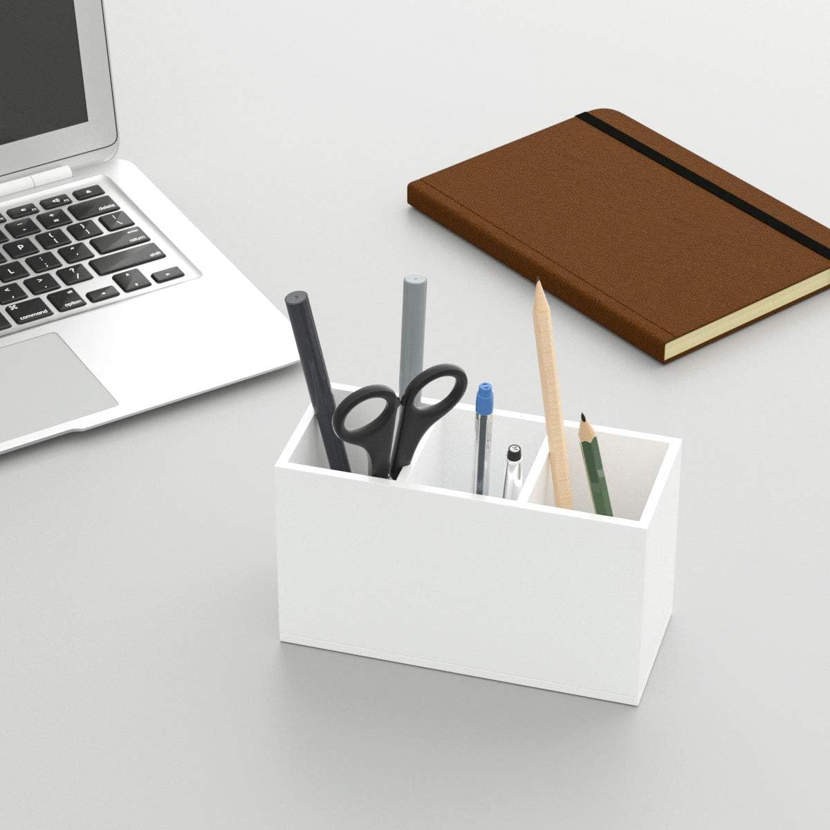 NIUBEE Acrylic Pen Holder 3 Compartments, White Pencil Organizer Cup for Countertop Desk Accessory Storage