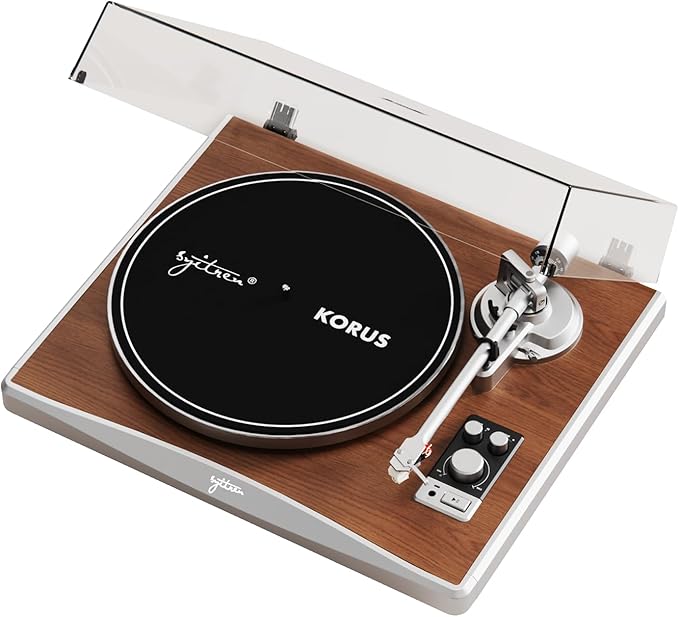 KORUS Record Player with External Speakers,Bluetooth Turntable,Belt-Drive Turntable 2-Speed, Adjustable Counterweight,Vintage LP Players