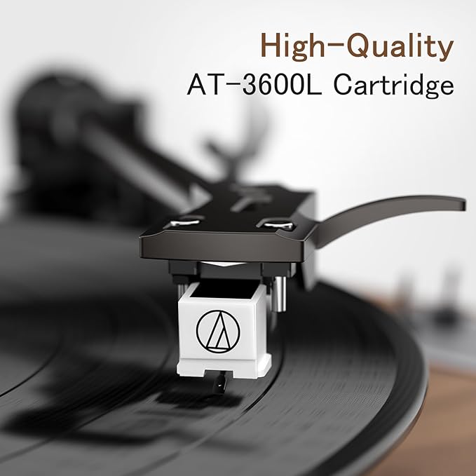 1 by ONE All-in-One Vinyl Record Player, HiFi Turntable Built-in Speakers, Phono Preamp, Magnetic Cartridge AT-3600L, Belt Drive 2 Speeds, Vintage Wood Design