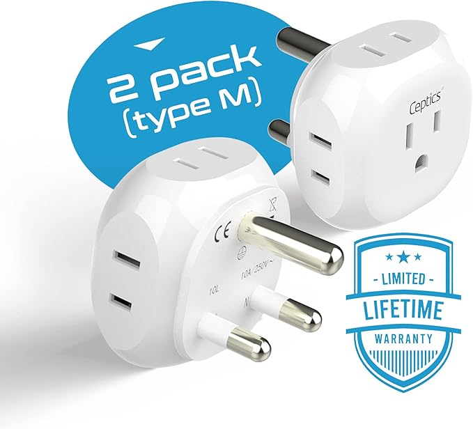 Ceptics South Africa Travel Plug Adapter South Africa Power Adapter Charger 4 Input - USA to Any Type M Countries Such as Botswana, Namibia and More - 2 Pack (PT-10L), White (PT-10L-2PK)