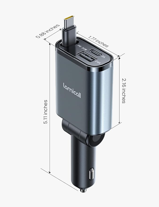 Lamicall Retractable Car Charger USB C Fast Charging [Ultra-Compact, 60% Less Space] 57W Type C Car Phone Charger fit iPhone 16 16e 15 Pro Max Plus Galaxy S25 S24 Ultra Pixel Android