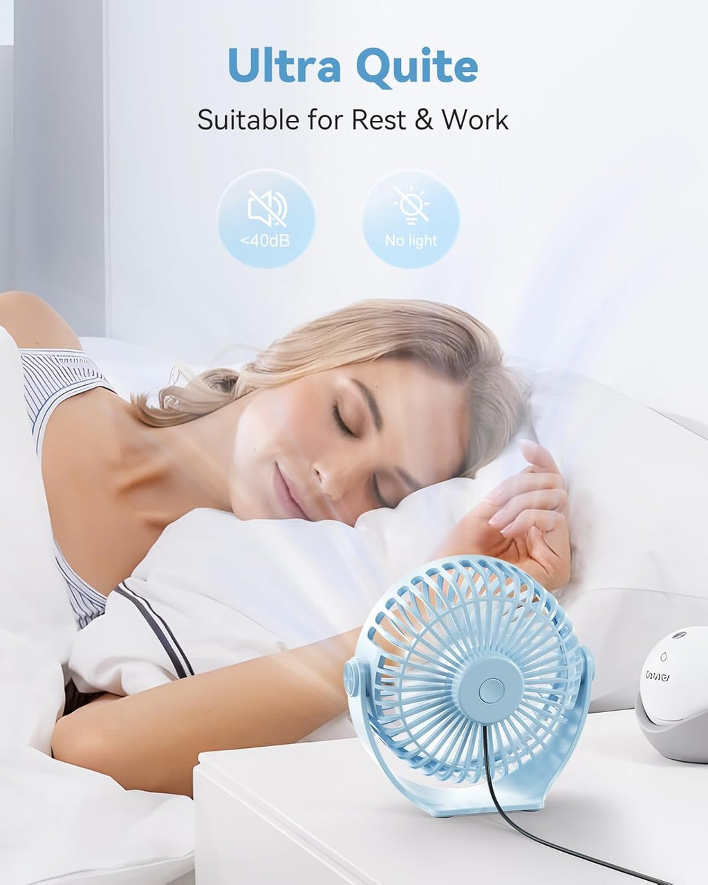 USB Desk Fan, 5 Inch Mini Portable, 3 Speeds Strong Airflow Personal Desktop, Detachable Cooling Fan 360° Rotation Quiet Small Fan for Desk Home Office Travel Car, Blue, 5ft Cable