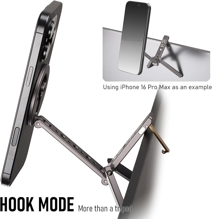 Magnetic Tripod for iPhone 12/13/14/15/16 & MagSafe Cases | Handy Phone Stand | 20 N52 Magnets Inside, Cold Shoe Mount, 1/4" Screw & Foldable Hook