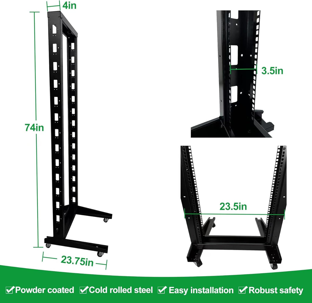 2 Post 38U Open Frame Server Rack 2-Post Server Rack Network Rack,with Movable casters，Comes with 2 Center Trays,for 19 Inch Equipment, Networking Data & IT Devices,1020lbs Weight Capacity(2P-DL-38)