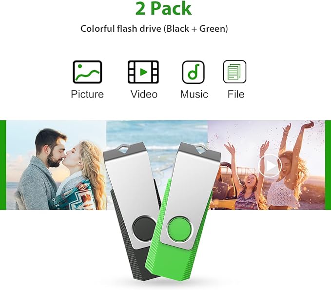 Aiibe 128GB Flash Drive 2 Pack 128GB USB Flash Drive Thumb Drive Zip Drive USB 2.0 Memory Stick USB Drive with Keychain (128G, 2 Colors: Black Green)