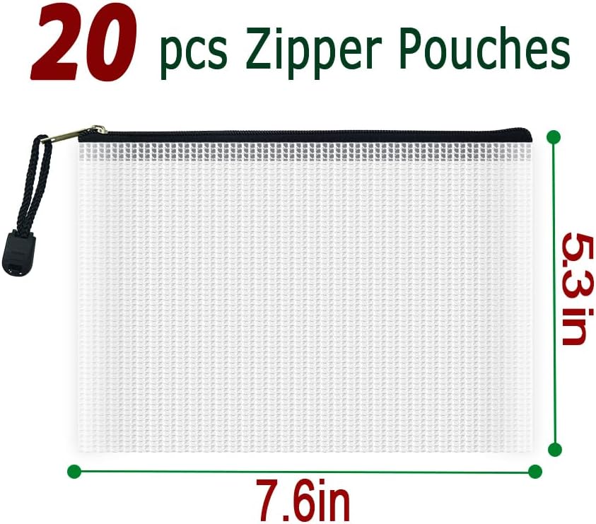 AUSTARK 20 Pcs Zipper File Bags, Plastic Mesh Pouch, Board Game Storage, Waterproof Bags for Office School (B6 Size 7.6''x5.3'', White and Black)