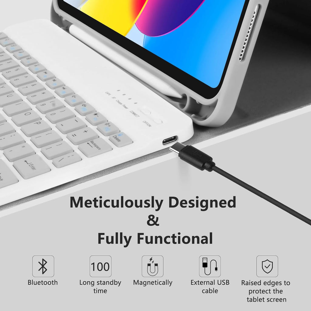 MMK iPad A16 Case (2025, 11"), iPad 10th Generation Case with Keyboard (2022, 10.9"), Wireless Detachable Keyboard, Pencil Holder (Grey)