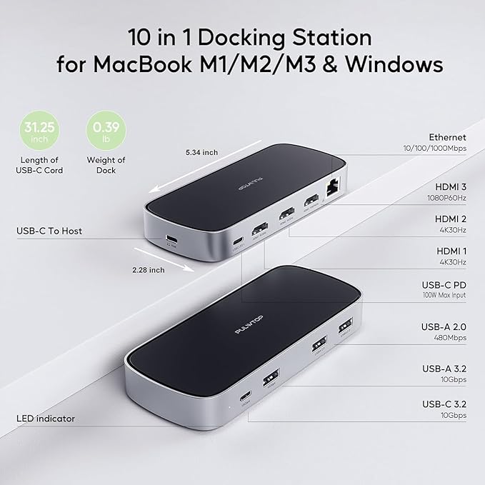 Laptop Docking Station - Triple USB-C, Dual 4K Display, Macbook M1/M2/M3/Windows, USB-A, Ethernet