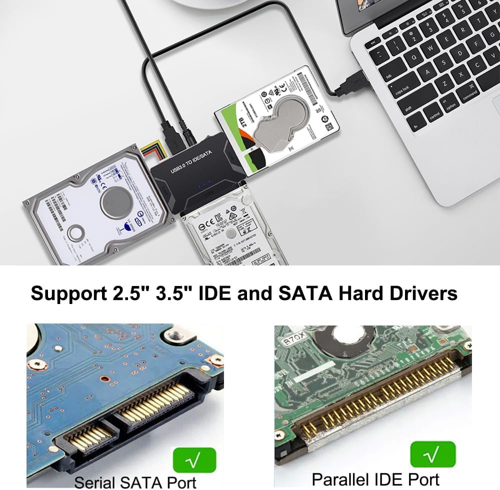 USB 3.0 to SATA IDE Adapter, Hard Drive Reader External Ultra Recovery Converter Compatible with 2.5" 3.5" HDD, SSD,5.25-inch DVD/CD-ROM Optical Drive Data Transfer with Power Supply