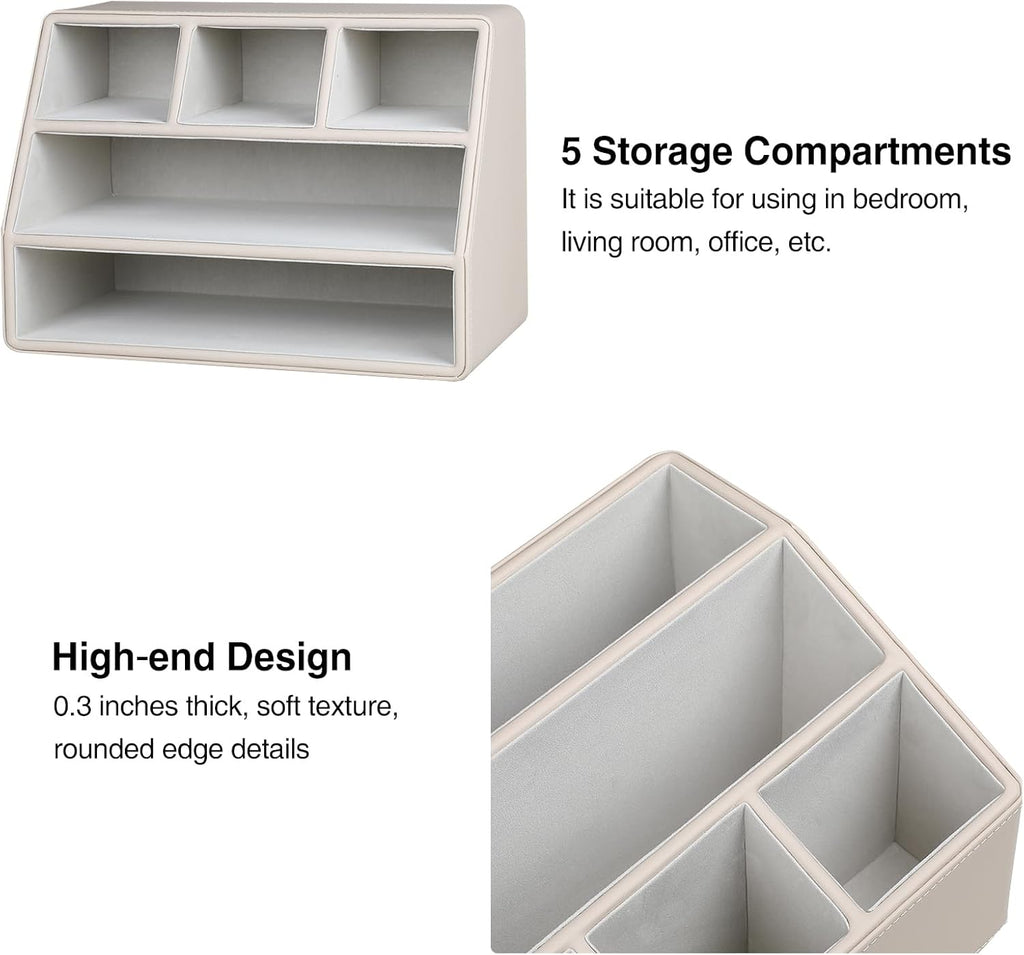 PU Leather Desk Organizer, Luxury Remote Control Holder for Home, Office Desk Accessories Table Caddy Bedside Nightstand Organizer (Dark Beige)