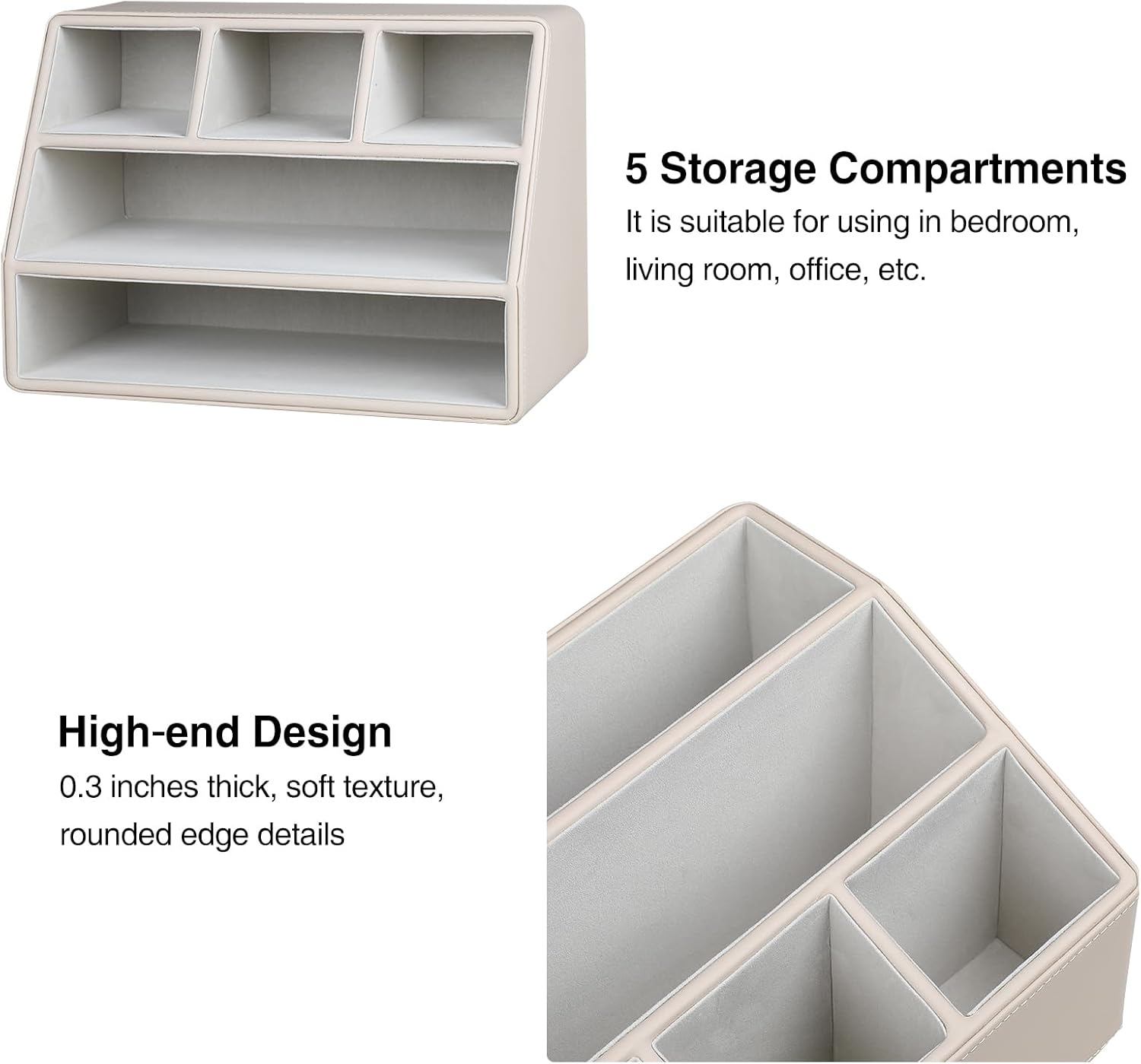 PU Leather Desk Organizer, Luxury Remote Control Holder for Home, Office Desk Accessories Table Caddy Bedside Nightstand Organizer (Dark Beige)