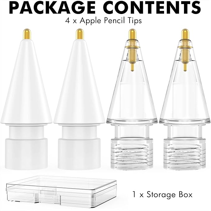 NIUTRENDZ 4 Pack Replacement Tips for Apple Pencil 2nd Generation and 1st Generation Fine Point Metal Tip, Wear-Resistant & Precise Control (1.95mm, White + Clear)