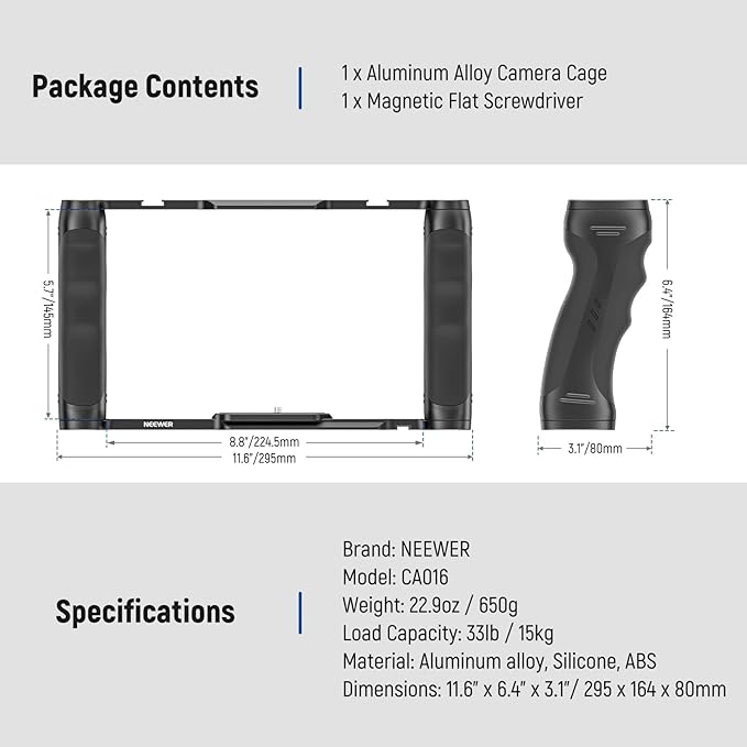 NEEWER Video Camera Cage Rig with Arca Type Base/Dual Grips/Expansion Holes/15mm Rods, Universal Stabilizer Compatible with Sony Canon Nikon DSLR/DSLM, Compatible with SmallRig Accessories, CA016