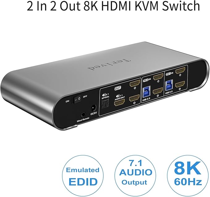 2 Computers 2 HDMI Monitor Automatic KVM Switch 8K@60Hz, Hotkey Switching, EDID, Support 5.1/7.1 Audio and Microphone, Aluminum Shell with Digital Display, USB 3.0 Hub, HDR10 with Cables