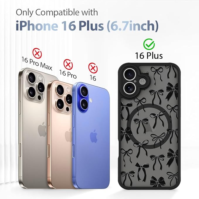 AIGOMARA Case for iPhone 16 Plus [Compatible with MagSafe] Black Ribbon Bow Pattern Design Soft TPU Bumper Hard PC Back Anti-Fall Shockproof Protective Slim Magnetic Cover for Women Girls