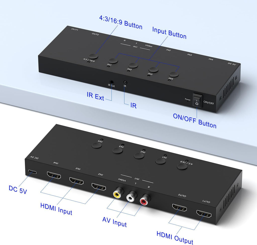Y.D.F (3 HDMI 2.0 + 1 RCA) to 2 HDMI Converter (4 In 2 Out, 2 Outputs Can Simultaneous Display) Switcher Splitter Support 4:3/16:9 Switching for N64 NGC Wii Xbox PS2/3/4/5 Switch Apple TV Fire TV Roku