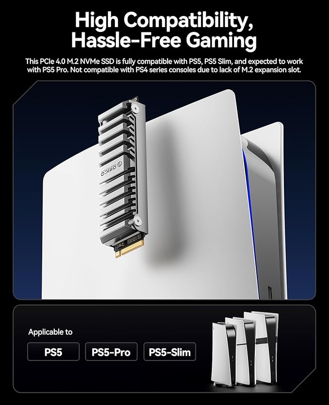 ORICO OS5 4TB M.2 SSD for PS5 Storage Expansion, M.2 PCIe 4.0 NVMe Gaming SSD with TLC NAND, 7450MB/s Read, Pre-Installed Heatsink Designed for PS5 Airflow, Ready for Direct Installation