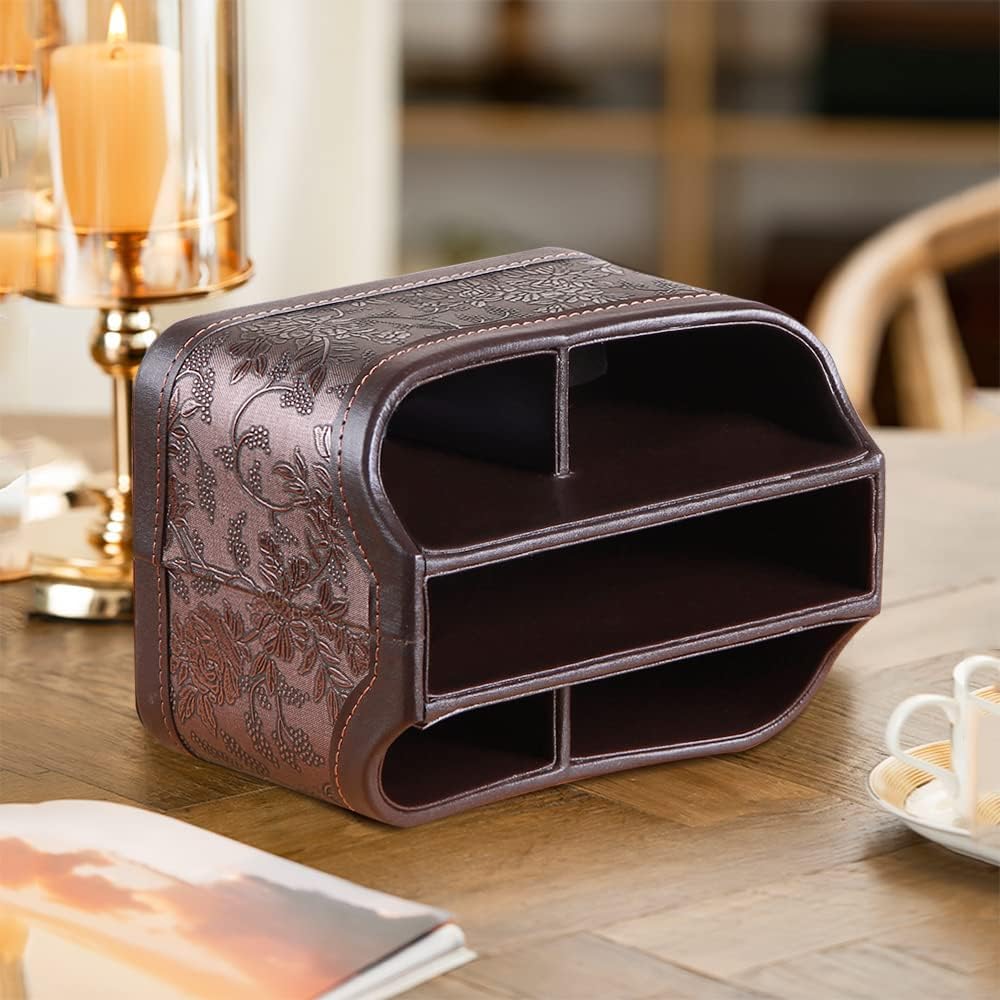 Fanousy 360° Rotating Remote Control Holder, PU Leather TV Remote Caddy Organizer Basket Storage Box with 5 Compartments for Pen, Pencil, Art Supplies, Makeup Brush, Office Desk Table Accessories