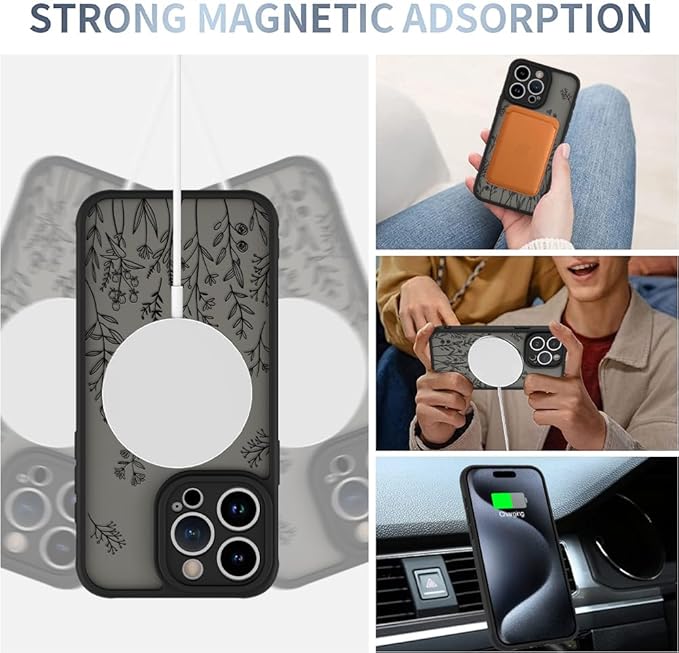 AIGOMARA Magnetic Case for iPhone 15 Pro [Compatible with MagSafe] Cute Black Flower Floral for Women Girls Soft TPU Bumper Hard PC Back Anti-Fall Shockproof Protective Slim Cover