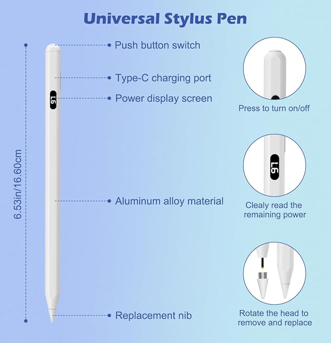 MoKo Stylus Pens for Touch Screens, Fast Charge Stylus Pen for Apple iPad/iPhone/Samsung/Lenovo/iOS/Android Tablets&Smart Phone Universal Stylus Capacitive Screen Pencil with Power Display, White