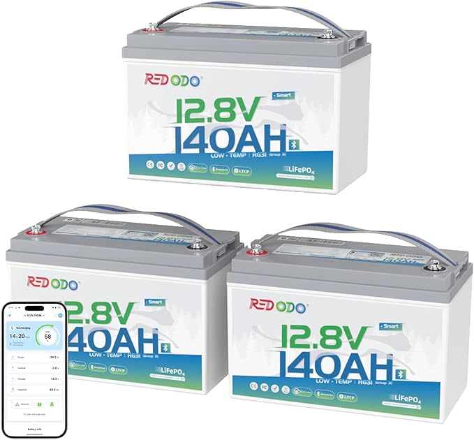 Redodo 12V 140Ah LiFePO4 Battery Group31, 10-Year Lifespan, 150A BMS & Bluetooth Monitoring, Ideal for RVs, Solar, Marine, Boat, Solar and Off-Grid 3 Pack