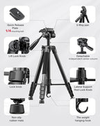 73" Camera Tripod and Monopod, Professional Aluminum Tripod Stand for Mirrorless Camera/DSLR/Cell Phone/Camcorder/GoPro, with Phone Holder and Travel Bag (Black)