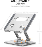 Tablet Stand Holder with Thickened 360°Rotating Base Dual Rod Adjustable Aluminum Stand for All 5.8-12.9” iPad Samsung Phone Tablet Kindle E-Reader and More, Silver
