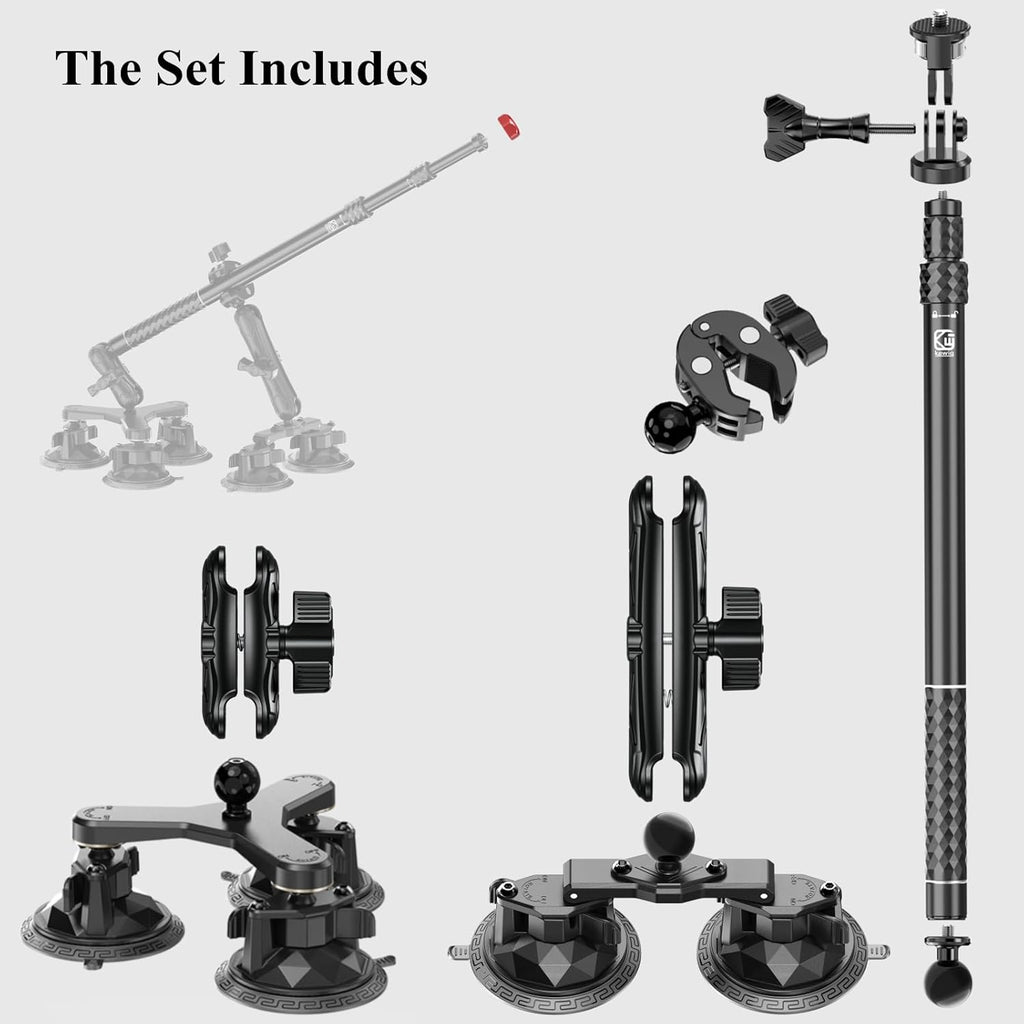 BRCOVAN Suction Cup Car Camera Mount Kit with Metal Extendable Selfie Stick, Dual Aluminum Alloy Arm, with Action Camera Adapter & 1/4"-20 Camera Thread, with Flagpole Accessories
