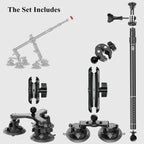 BRCOVAN Suction Cup Car Camera Mount Kit with Metal Extendable Selfie Stick, Dual Aluminum Alloy Arm, with Action Camera Adapter & 1/4"-20 Camera Thread, with Flagpole Accessories
