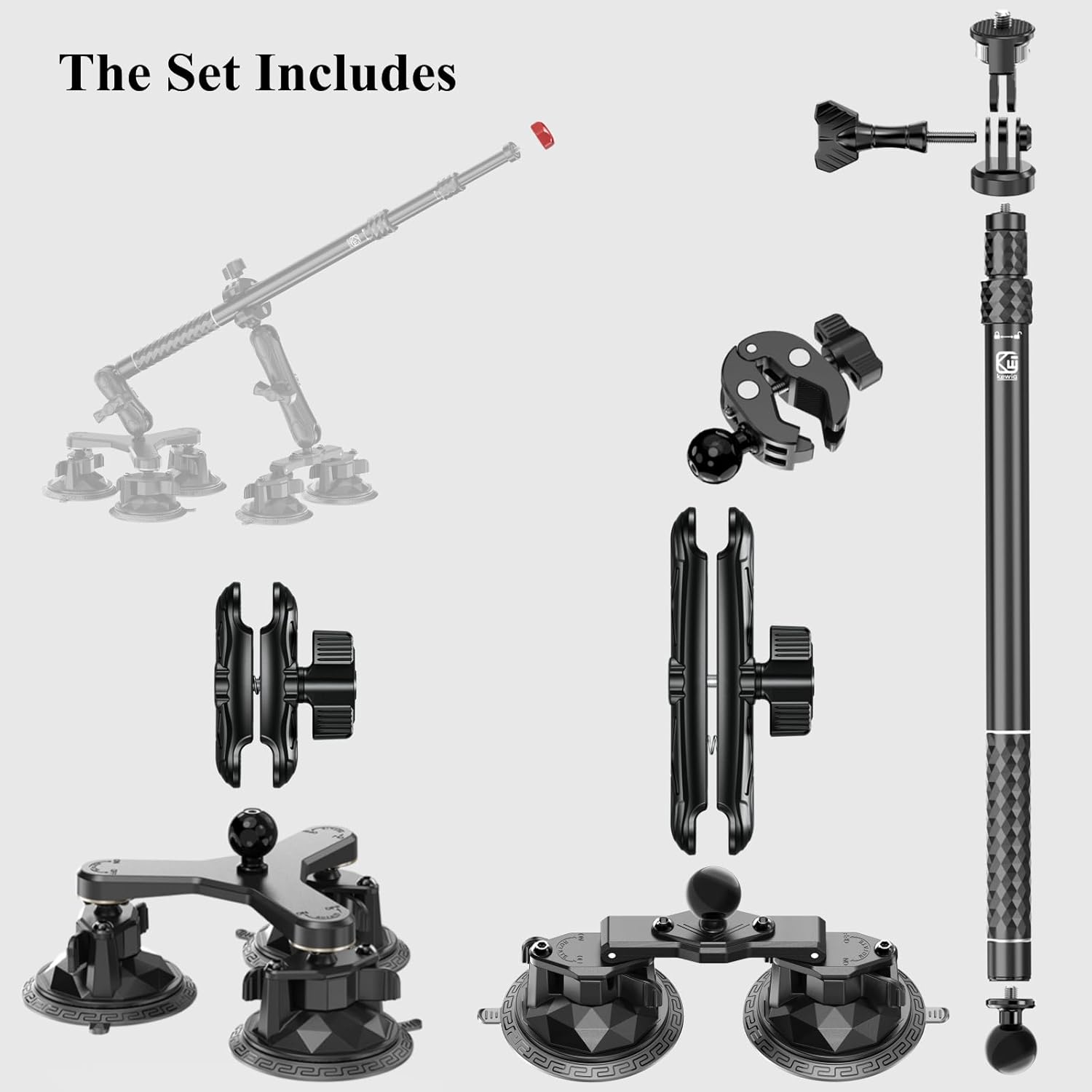 BRCOVAN Suction Cup Car Camera Mount Kit with Metal Extendable Selfie Stick, Dual Aluminum Alloy Arm, with Action Camera Adapter & 1/4"-20 Camera Thread, with Flagpole Accessories