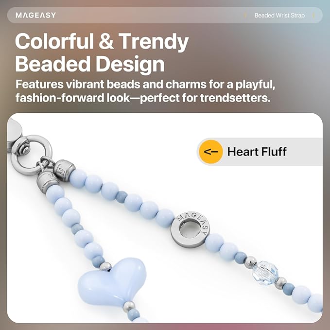 MAGEASY Beaded Phone Charm for Women - Cell Phone Wrist Strap with Teather Tab, Designed for iPhone & Android Phones, Keychain, Camera - Heart Fluff