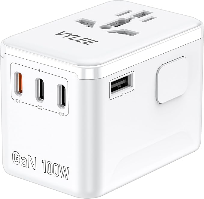 PD100W GaN Universal Travel Adapter, International Power Adapter in One, 3 USB C & 1 USB A & AC Outlet, Travel Adapter Worldwide Plug Adapter with USA EU UK AUS Plugs for Laptops,Tablets,Phones