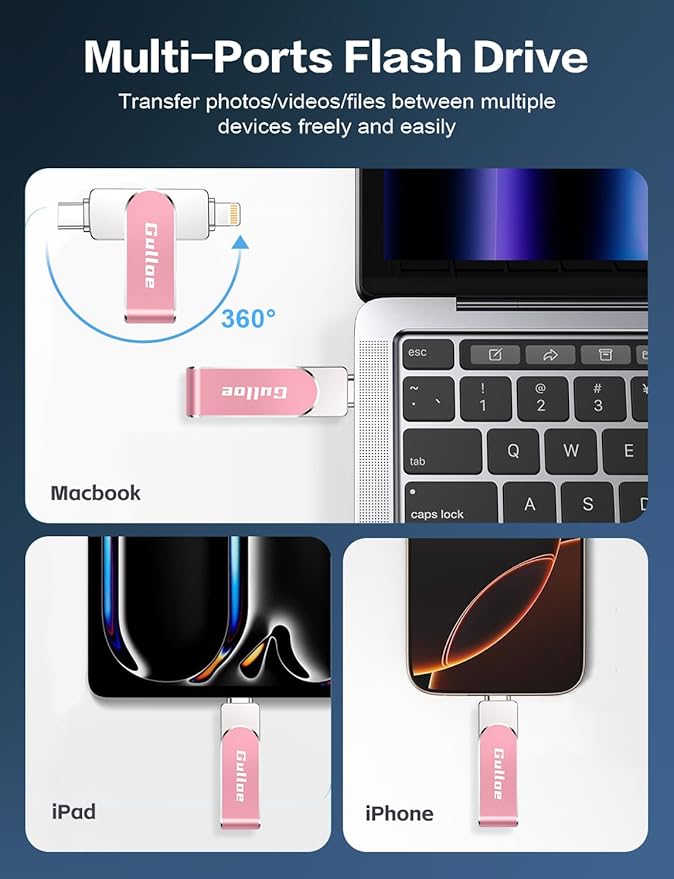 Gulloe 512GB Flash Drive Intended for iPhone, Memory Stick Storage for Photos and Videos Backup, Compatible with iPhone iPad Android PC, Plug and Play, No Application Required (Pink)