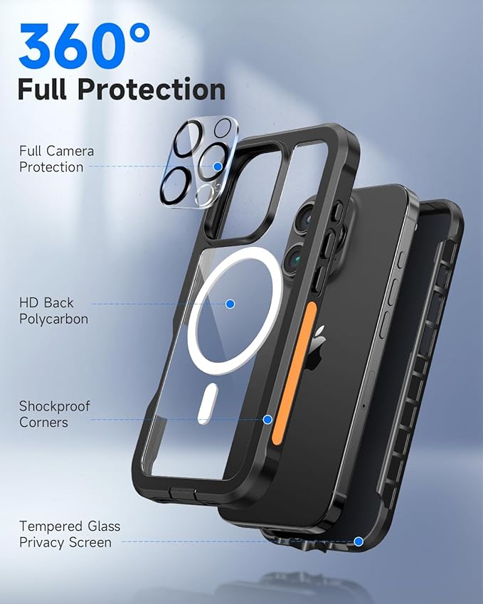 seacosmo for iPhone 16 Pro Case, Full Body Bumper with Built-in 9H Tempered Glass Privacy Screen Protector and Camera Lens Protector, Compatible with MagSafe, Shockproof Phone Cover, 6.3", Black