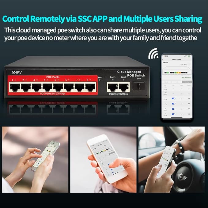 STEAMEMO 8-Port Managed PoE Switch, Easy Smart Managed, Plug and Play, Support Vlan, PoE Scheduler, Fanless, Sturdy Metal, Desktop and Wall-Mount