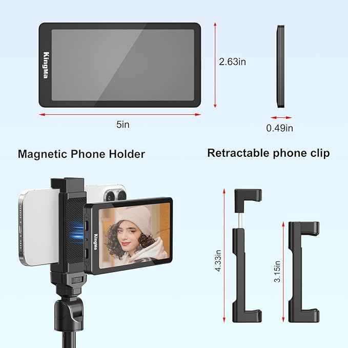 King Ma 5" Phone Vlog Selfie Monitor Screen,Back Camera Monitor for iPhone with Magnetic Phone Clip & Bluetooth Remote for Vlog/Live Stream/Teleprompter/TikTok,Support 4K 30fps Wired Recording