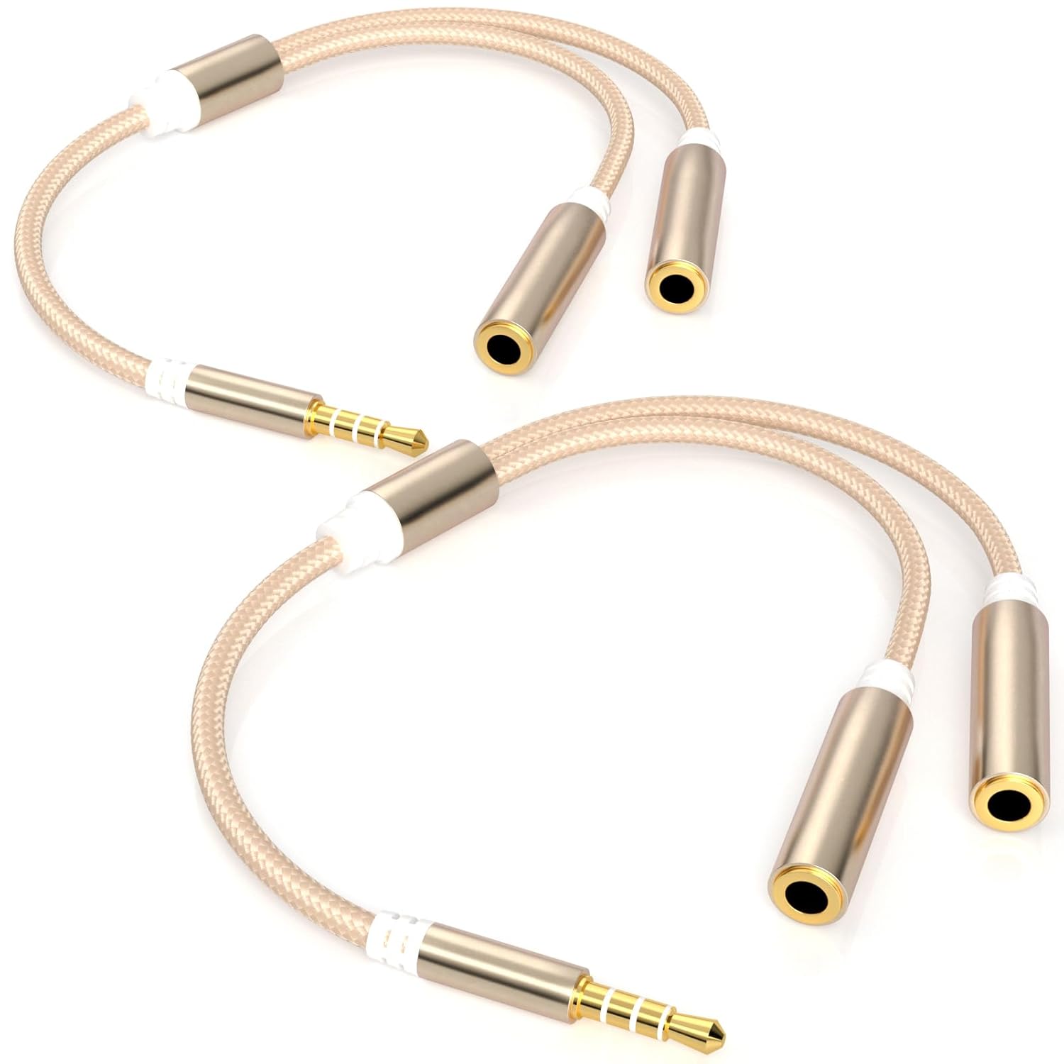 3.5mm TRRS Splitter for 2 Headphones 1FT 2-Pack, Audio & Mic, 3.5 mm Aux Jack Cable 1 in 2 out, Dual 1/8" Stereo Female Adapter, Double Headset Split Y Cord 2 Way for Phone/Tablet/Laptop/PC/MP3, Gold