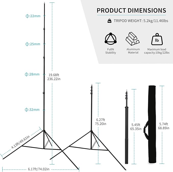 20FT/6M Tripod Stand - Heavy Duty Tripod Stand - Tall Tripods Air-Cushioned Telescoping Light Stand for Photography Overhead Shots, Sports(Aluminum Alloy)