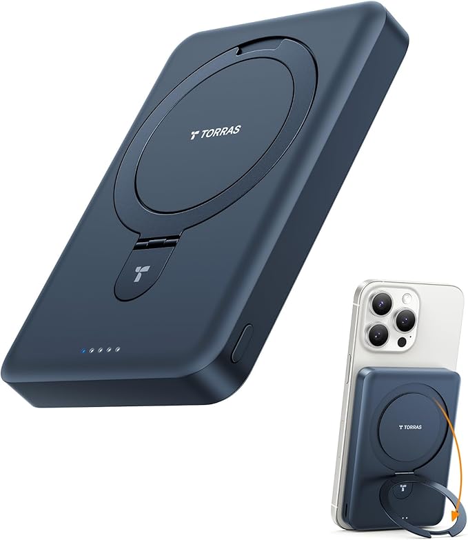 TORRAS 10000mAh Magnetic Portable Charger Power Bank for iPhone, Fast Charging Travel Essential Wireless Battery Pack Slim with OStand Compatible with Magsafe, 16 Pro Max,Pro,15,14,13,12, Black