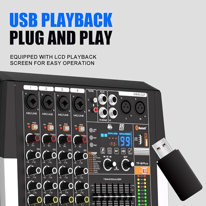 TF400 Dj Mixer 4 Channel Audio Mixer Bluetooth Sound Bar with Power Amplifier 2 * 350W Power Output Powered Mixer USB Audio Interface Sound Mixer with 99 DSP FX Reverb Effects for Streaming Media