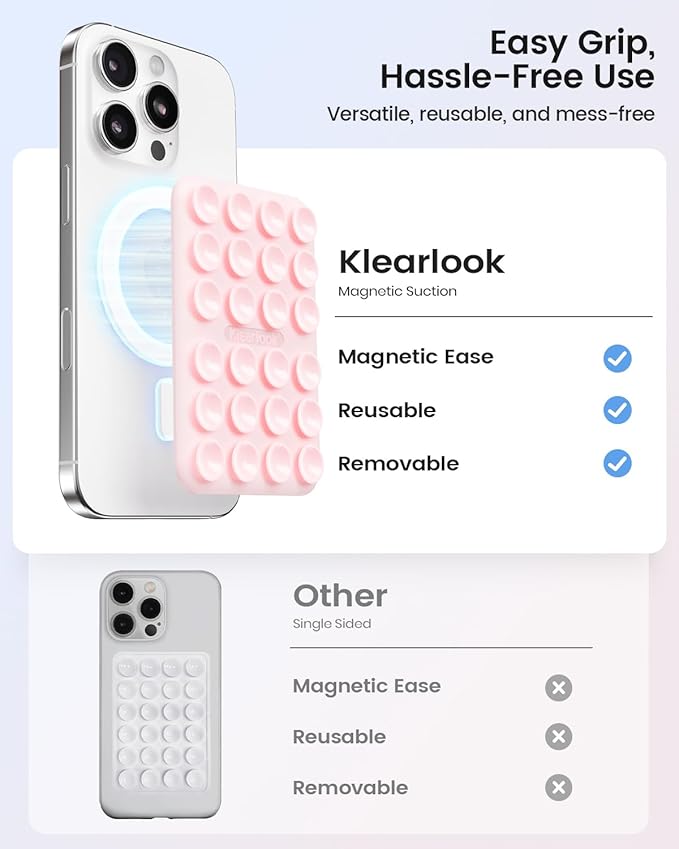 Klearlook Magnetic Suction Phone Mount for MagSafe Case, Silicone Sticky Phone Grip Holder for iPhone 16/15/14/13/12 Series, Removable Hands-Free Video/Selfie, Women Girl Teen Gift, Light Pink
