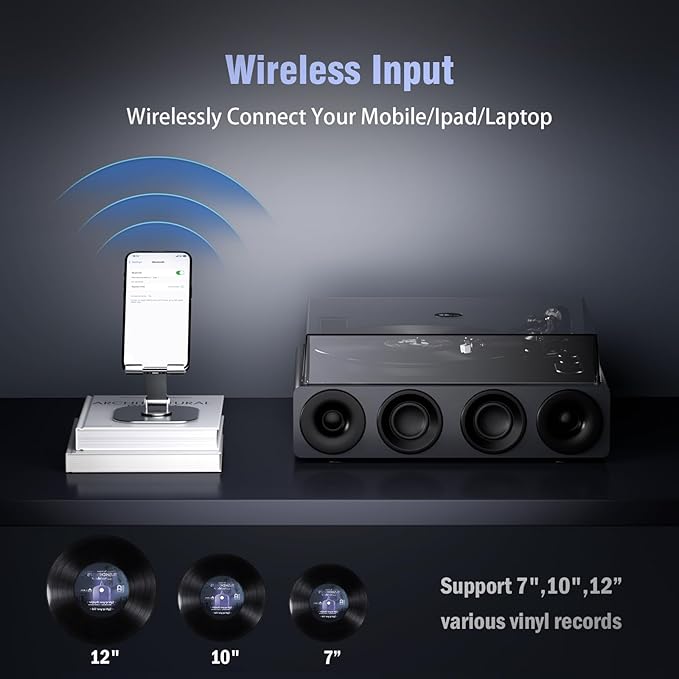 1 by ONE High Fidelity Record Player, All-in-One Turntable with Built in Speakers Phono Preamp, Magnetic AT-3600L Cartridge, RCA Output, Belt Drive 2-Speed, Piano Lacquer Grey