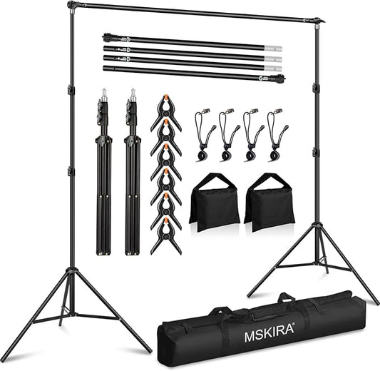 10 x 6.9 Ft Photo Backdrop Support Stand, MSKIRA Adjustable Background Stand, Backdrop Support System Kit for Parties Screen Back Drops Events Decoration, with 6 Clamps, 4 Clips, 2 Sandbags, Carry Bag
