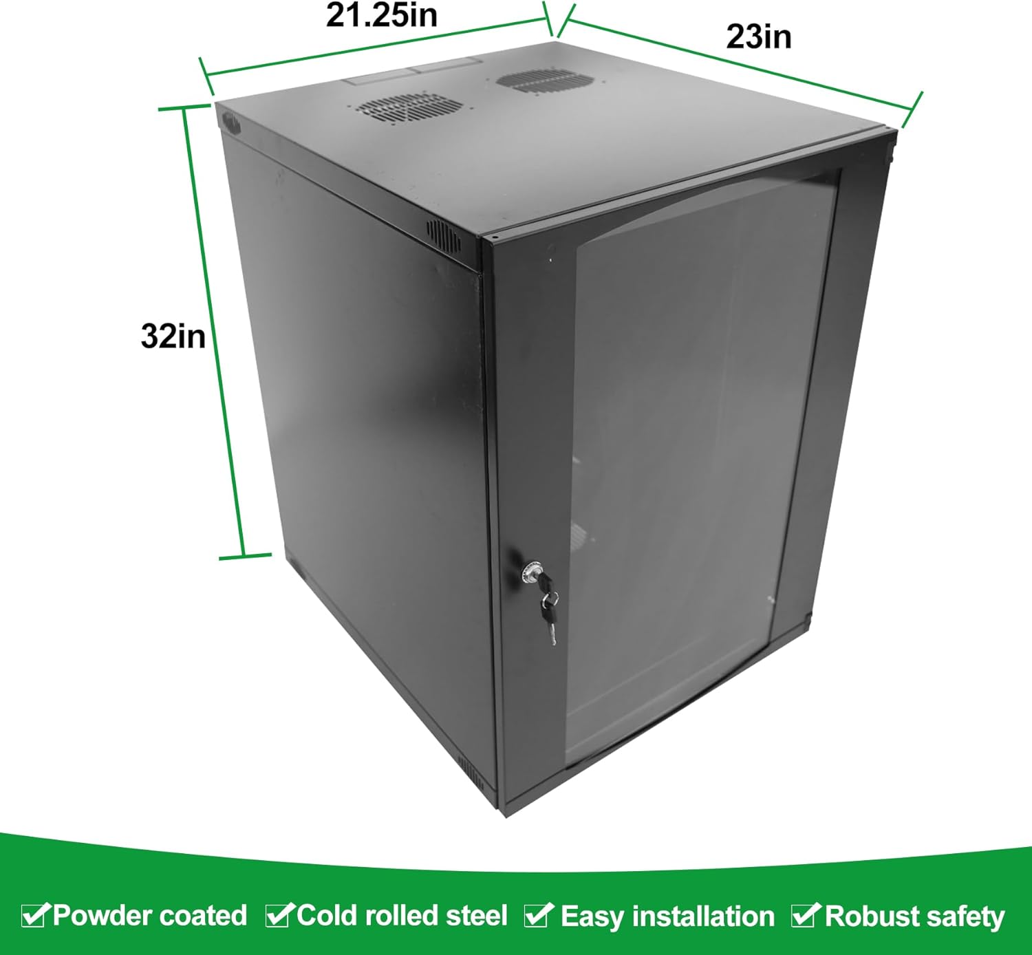 15U Server Cabinet Wall Mount Rack Enclosure with Caster Wheels 2 Server Fans Locking Glass Door Removable Side Panels 19" Network Cabinet 15-18.5" Installation Depth Heavy-Duty Frame (32INCH, 15U)