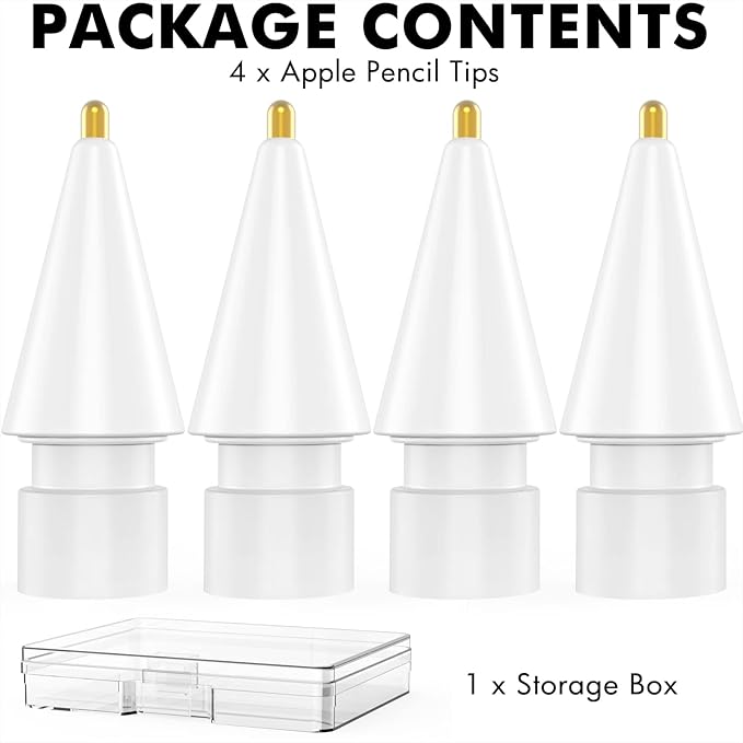 NIUTRENDZ 4 Pack Replacement Tips for Apple Pencil 2nd Generation and 1st Generation Fine Point Metal Tip, Wear-Resistant & Precise Control (1.95mm, White)