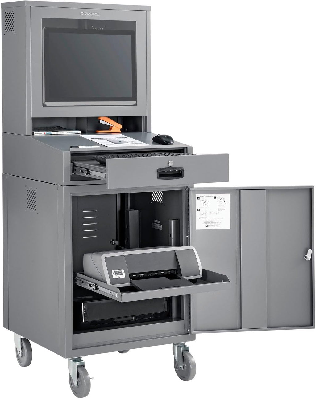 Global Industrial Mobile Security LCD Computer Cabinet Enclosure for 24" Diagonal Monitors, Steel Construction, Gray Powder Coat Finish, 24-1/2"W x 22-1/2"D x 62-3/4"H