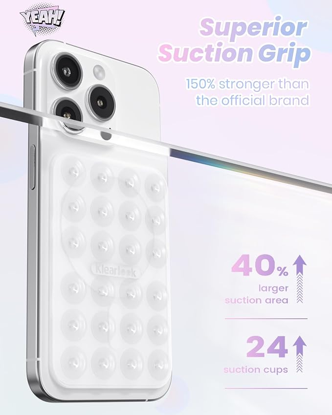 Klearlook Magnetic Suction Phone Mount for MagSafe Case, Removable Sticky Phone Grip Holder for Hands-Free Makeup/Selfie/Live Streaming/Vlog for TikTok & Instagram Influencer/Creator, Transparent