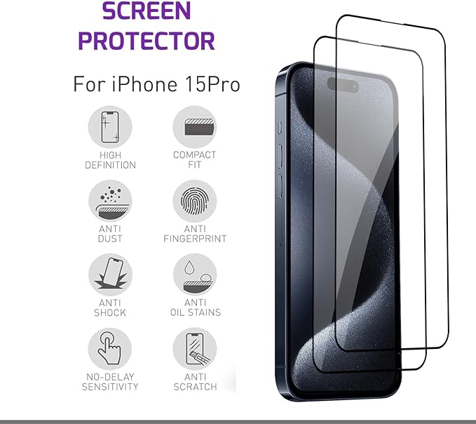 Screen Protector Tempered Glass Compatible with Apple iPhone 15 Pro (2 Pack)