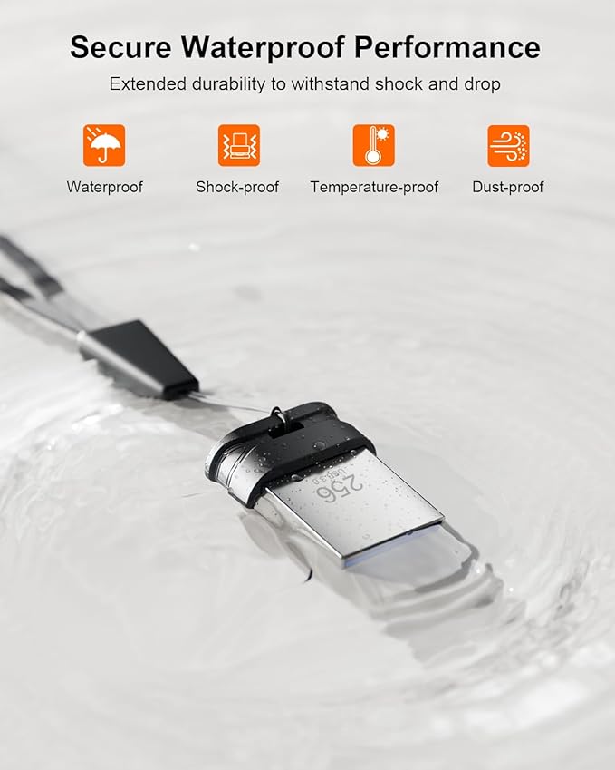 256GB USB 3.0 Flash Drive, Mini Thumb Drive Waterproof Memory Stick with Lanyard Hole Plug and Play Portable USB Stick Storage for Computer Laptop Smart TV, Black